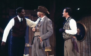 Sir Hugh Evans (Johnny Lee Davenport), Master Page (Michael R. Carleton), and Dr. Caius (Mark Rector) plot revenge against the Host of the Garter. (PHOTO: Orlando-UCF Shakespeare Festival)