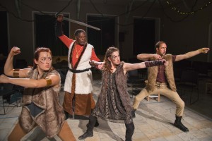 Beowulf approaches Grendel's mother with his Geat warriors (Rachel Wiese, Rebecca Lehrhoff, Jesse Garlick). (PHOTO: Andrew Brilliant)